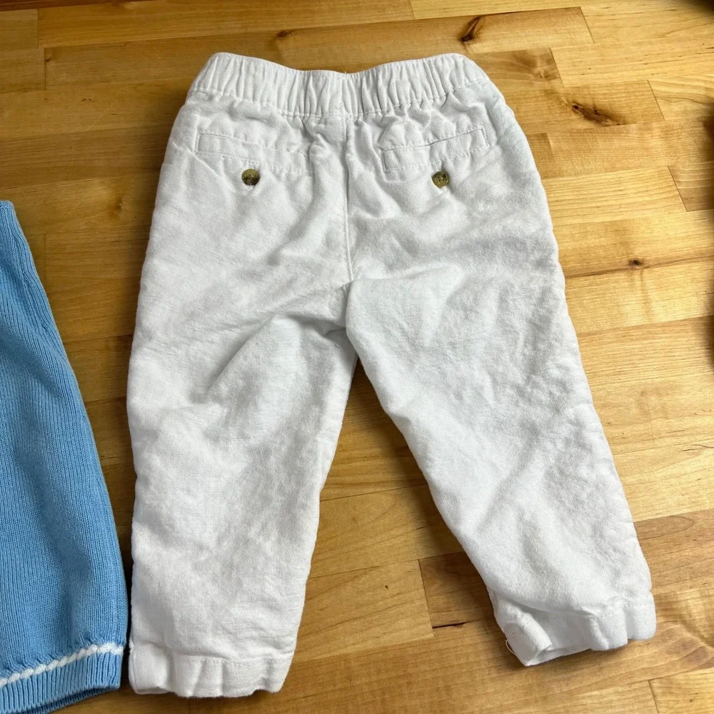 Janie and Jack Bundle Knit Romper‎ Linen Pants Baby Size 12-18 Months Blue White